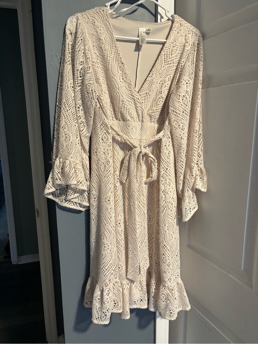 Cream Crochet Tie-Waist V-Neck Dress Boho Style